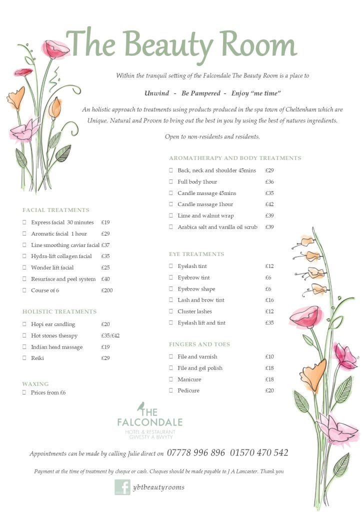 Beauty Room Treatment List 2017