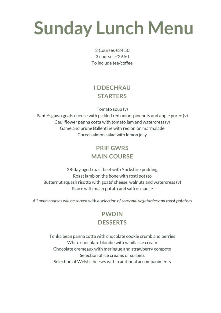 Sunday lunch menu